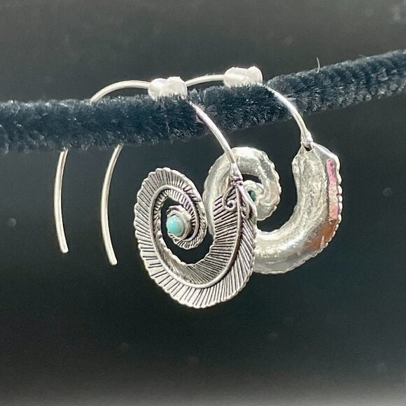 Medium Silver Feather Spiral Earrings in Red or Turquoise Blue #686 - Picture 11 of 11